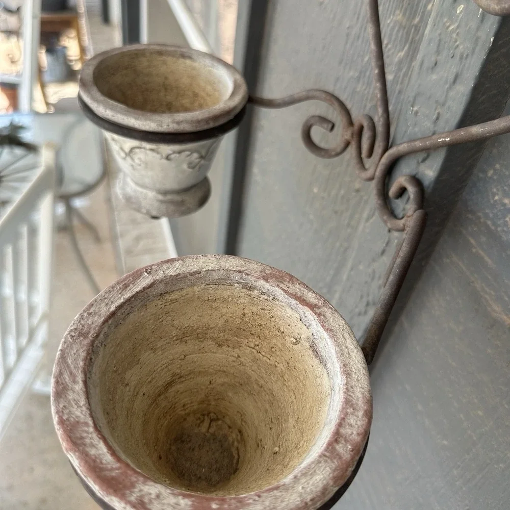Vintage Iron Double Plant Wall Holder Flower Pot Planter Rustic Heart Scroll